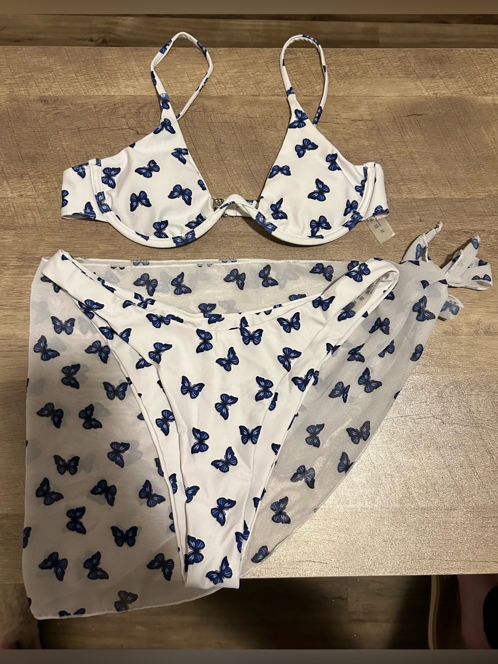White & Blue Butterfly Print Bikini Set - Women's Swim Top, Bottom & Coverup